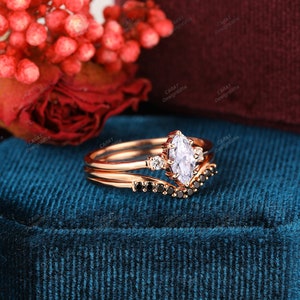 Bridal Set,4x8mm Marquise Cut Moissanite Engagement Ring Set,2pcs Rings,Curved Wedding Band Ring,Black Gem Wedding Ring,Solid Rose Gold Ring image 5
