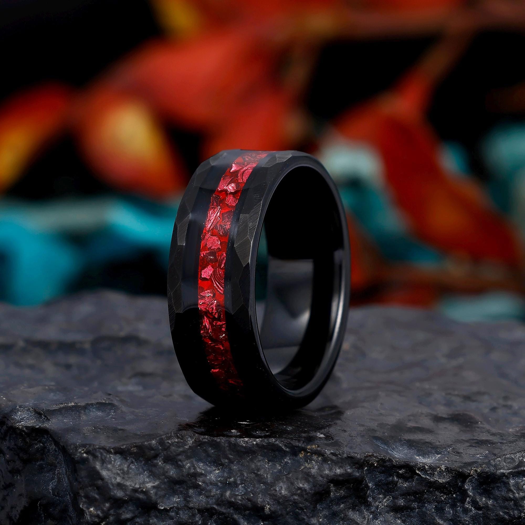 Hammered Black Tungsten Ring, Ruby Mens Wedding Ring, Mens Wedding Band, Anniversary Gift Ring, Engagement Ring, Promise Ring, 8mm Band Ring
