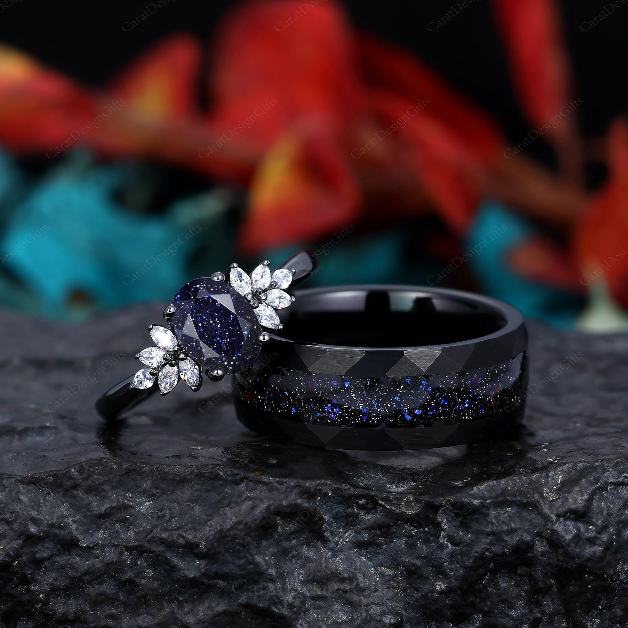 Galaxy Sandstone Couples Ring Set,black Ring His and Hers Wedding