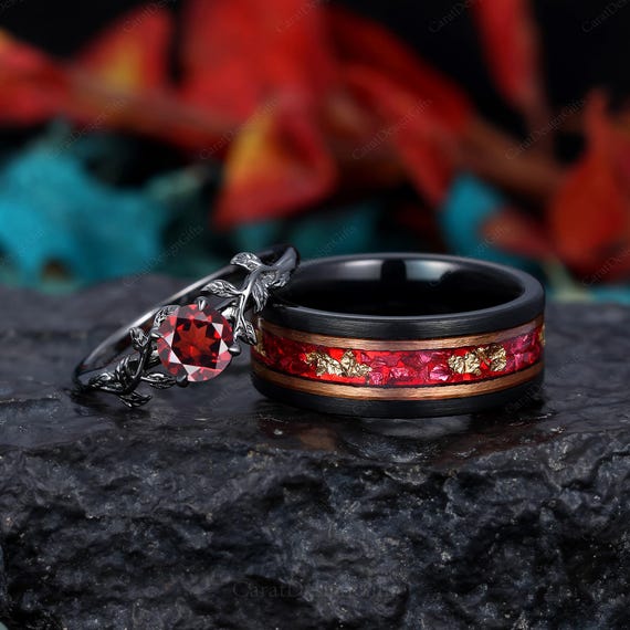 2pcs Couples Ring Set,red Garnet Womens Black Ring,mens Black