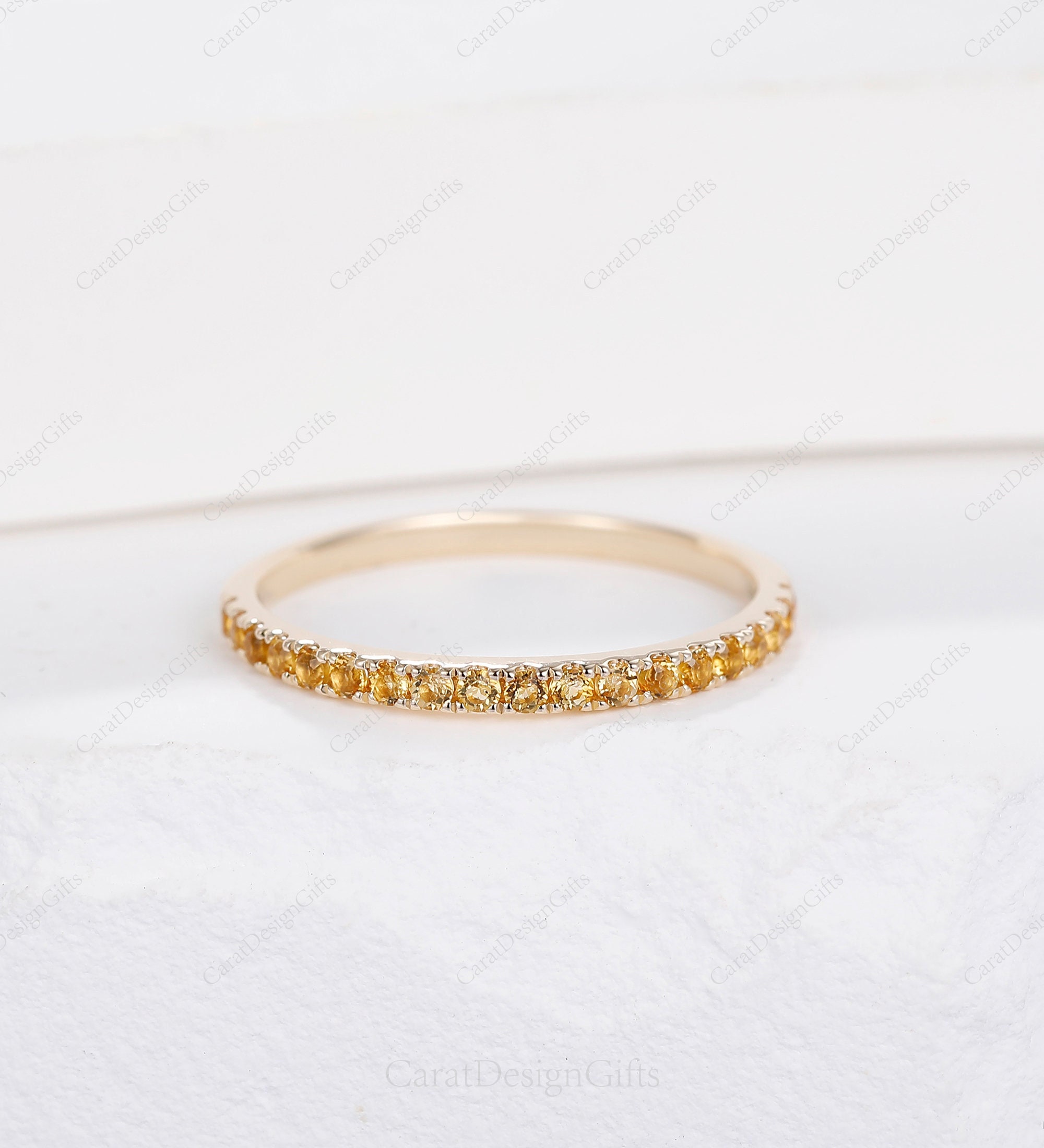 Solid 14K Yellow Gold Ring,Natural  Citrine Wedding Ring,Half Eternity Wedding Band,Delicate Gemstone Ring,Ring For Women,Birthday Gift