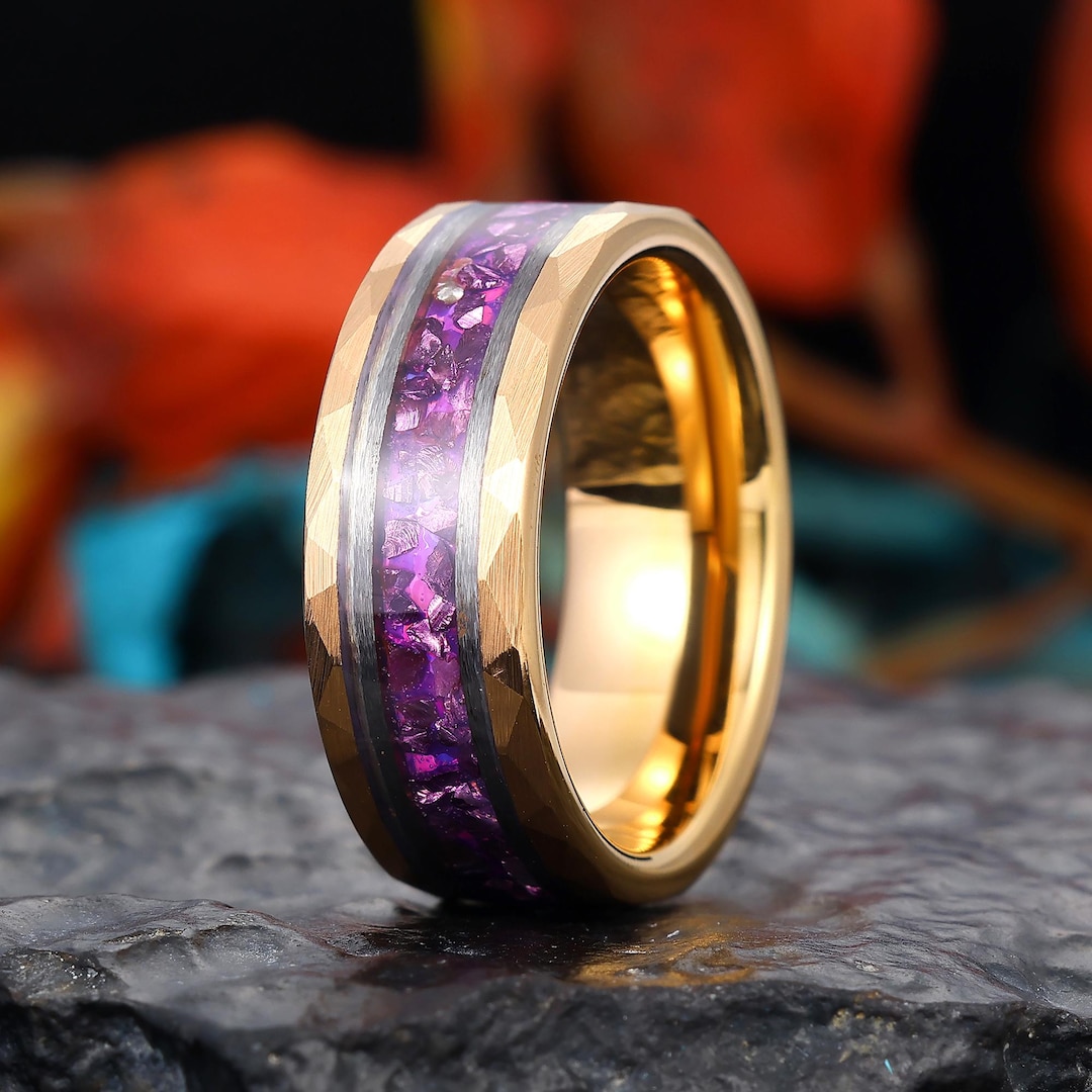 Hammered Amethyst Tungsten Ring, Purple Gemstone Wedding Band, Crushed ...