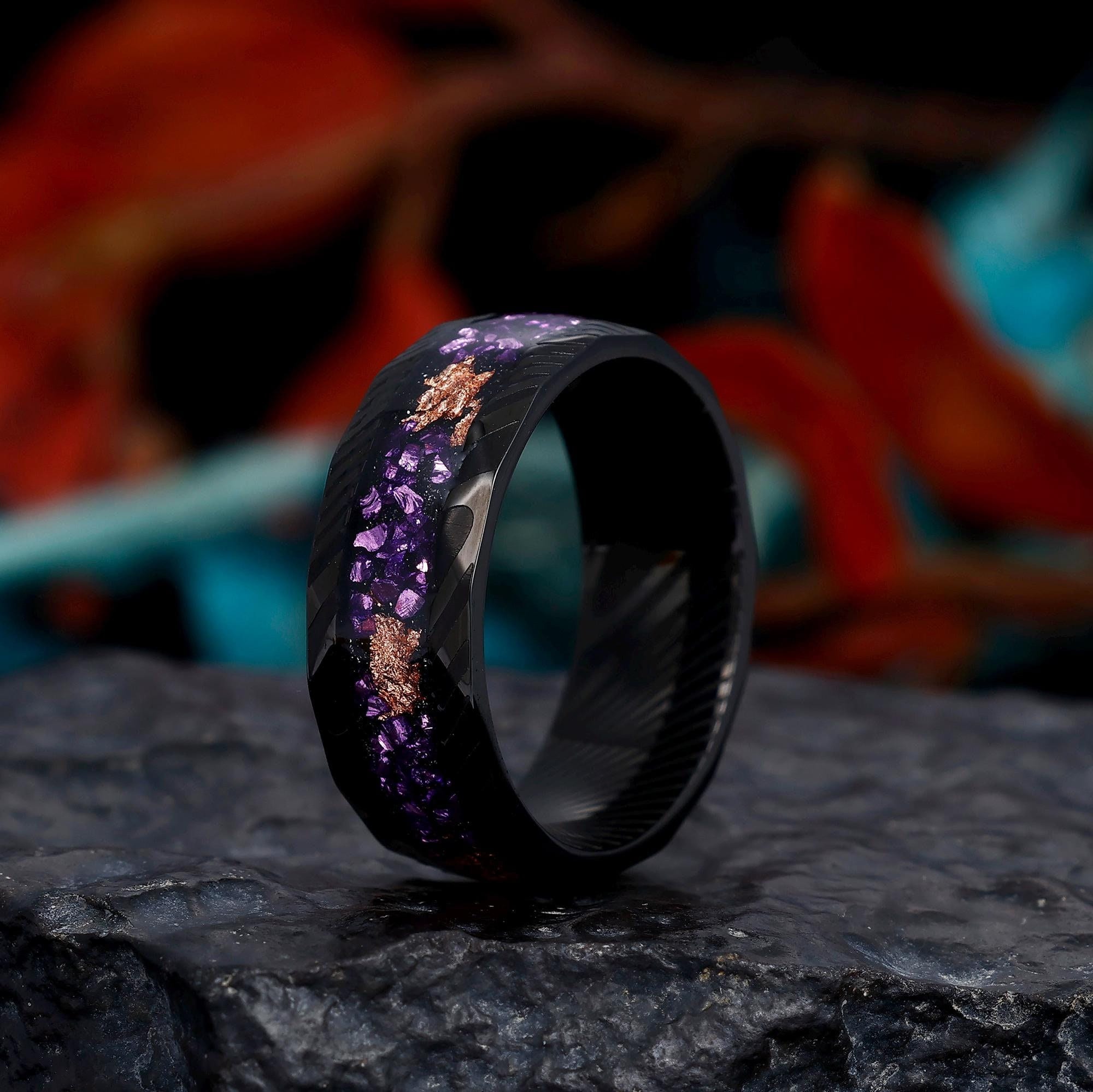 Crushed Amethyst Ring, Black Tungsten Mens Ring, Rose Gold Leaf Ring, Amethyst Engagement Ring, Mens Wedding Band, Anniversary Gift For Him