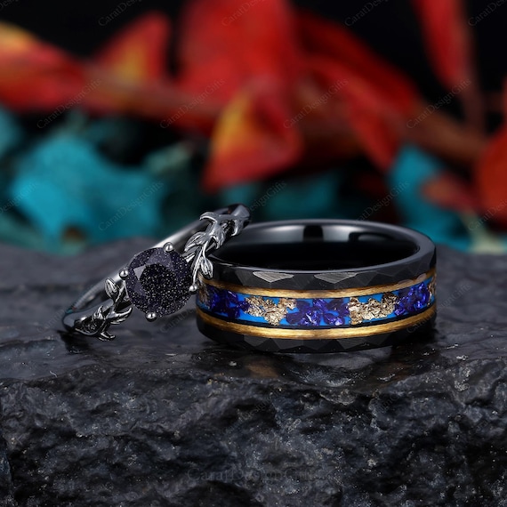 Anillo de pareja de piedra arenisca azul, anillo de oro negro a
