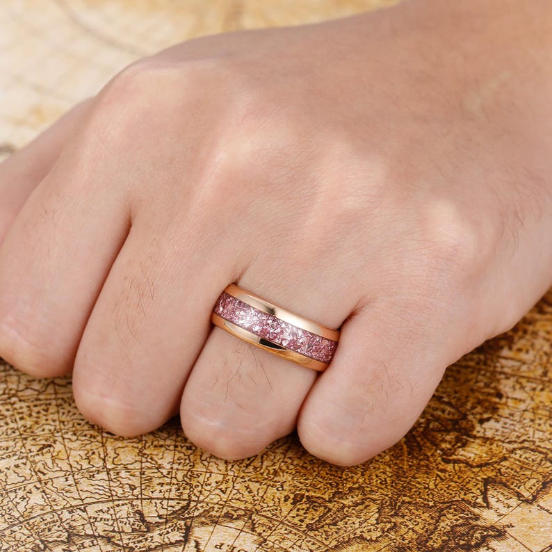 Pink Sapphire Tungsten Ring, Mens Wedding Band, Rose Gold Wedding Ring