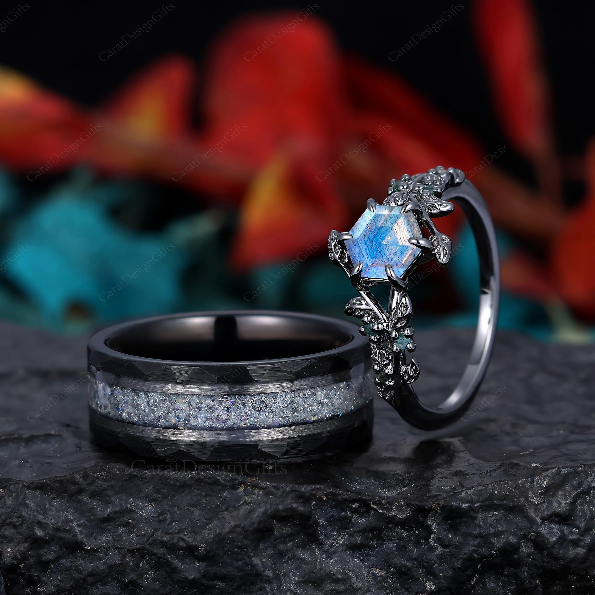 Hexagon Cut Labradorite Couple Ring Set His and Hers Wedding Ring