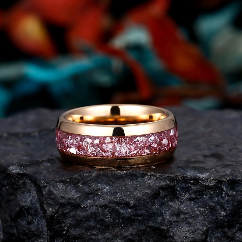 Pink Sapphire Tungsten Ring, Mens Wedding Band, Rose Gold Wedding Ring