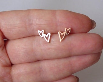 Rose Gold Two Hearts Stud Earrings, Simple Post Earring, Delicate Minimal Studs, Minimalistic Jewelry, Small Dainty Earrings, Tiny Studs