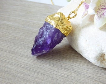 Raw Crystal Point Amethyst Necklace, Mineral Necklace, Gold Raw Necklace, Long Gold Dipped Stone Necklace, Rough Natural Gemstone Necklace