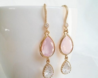 Light Pink Opal And Cubic Zirconia Gold Dangle Earrings, Wedding Earrings, Bridal Earrings, Drop Earrings, Wedding Jewelry, Dangle Earrings