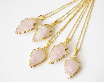 Arrowhead Raw Rose Quartz Necklace, Mineral Necklace, Gold Boho Necklace, Long Gold Dipped Stone Necklace, Rough Natural Gemstone Necklace