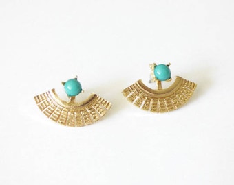 Turquoise Ear Jacket Gold Dainty Stud Earrings, Double Sided Back And Front Earrings, Modern Delicate Earrings, Geometric Jewelry, Bridal