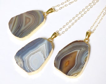 Natural Color Onyx Druzy Agate Slice Necklace, Bohemian Jewelry, Gold Edge Pendant, Geode Necklace, Mineral Jewelry, Long Gold Dipped Stone