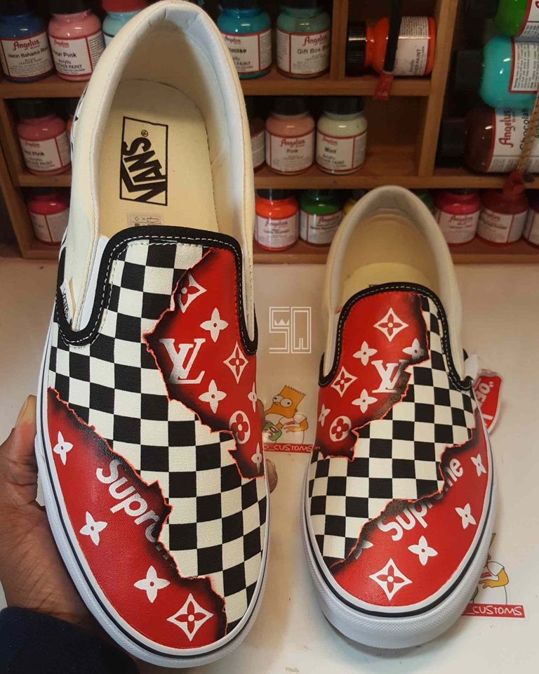 Burning Checkered Supreme x LV Louis Vuitton Fire Slip on Vans | Etsy