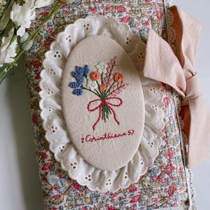 Quilted Bible Sleeve- Bouquet Embroidery with Custom Scripture and Trim Added