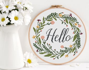 Hello Home Floral Wreath Cross Stitch Pattern (PDF)