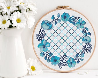 Home Blue flowers floral wreath Cross Stitch Pattern, Modern ornament cross stitch, Floral flower wreath cross stitch, Room Wall Decor