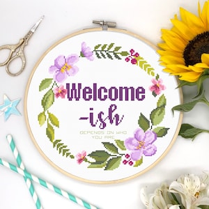 Cross stitch pattern Welcome / Quote cross stitch / Funny saying cross stitch pattern / Home sweet home cross stitch / Floral cross stitch