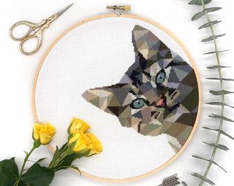 Cat Cross Stitch Pattern PDF for embroidery hoop, Geometric Cross Stitch, Cat Embroidery, Modern Cross Stitch, Room Wall Decor,geometric cat