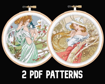 Alfons Mucha Cross Stitch Pattern (set of 2), Art Nouveau Cross Stitch, Alphonse Mucha Cross Stitch, Alfons Mucha Autumn/Alfons Mucha Spring