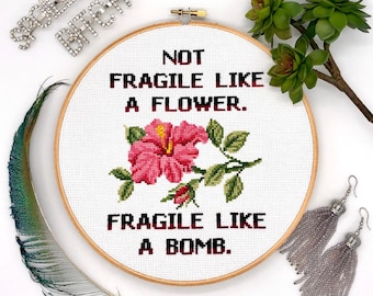 Kreuzstich Muster Fragile / Feministischer Kreuzstich / Lustiger Kreuzstich / Feminismus Kreuzstich / Blumen Kreuzstich / Point de croix