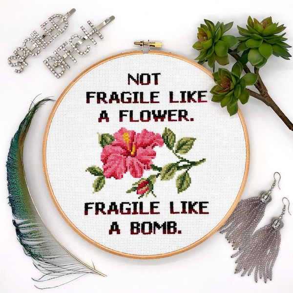 Cross stitch pattern Fragile / Feminist cross stitch / Funny cross stitch / Feminism cross stitch / Flower cross stitch / Point de croix