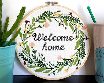 Welcome home Cross Stitch Pattern, Modern cross stitch, Floral flower wreath cross stitch, Room Wall Decor, hoop art, home sweet home