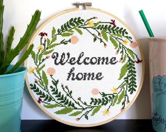 Welcome home Cross Stitch Pattern, Modern cross stitch, Floral flower wreath cross stitch, Room Wall Decor, hoop art, home sweet home
