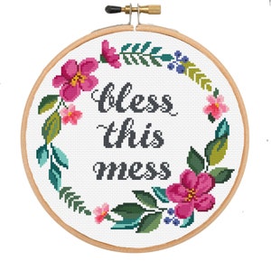 Cross stitch pattern Bless this mess / Quote cross stitch / Funny cross stitch pattern / Floral cross stitch / Flower wreath cross stitch image 4