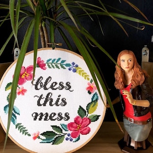 Cross stitch pattern Bless this mess / Quote cross stitch / Funny cross stitch pattern / Floral cross stitch / Flower wreath cross stitch image 2