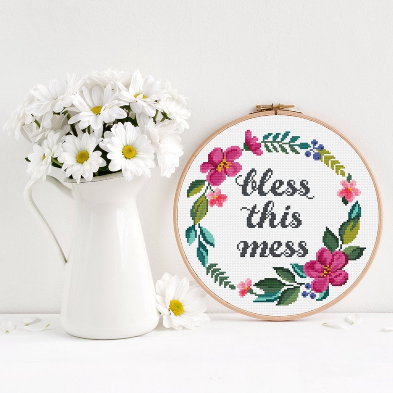 Cross stitch pattern Bless this mess / Quote cross stitch / Funny cross stitch pattern / Floral cross stitch / Flower wreath cross stitch image 5