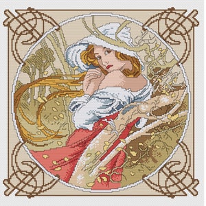 Alfons Mucha Autumn Fall Cross Stitch Pattern PDF, Art Nouveau Cross Stitch Embroidery, Alphonse Mucha Cross Stitch, Room Wall Decor
