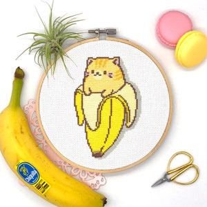 Cat Cross Stitch Pattern, Banana Cross Stitch Embroidery, Modern Cross Stitch, Funny cross stitch, Animal cross stitch