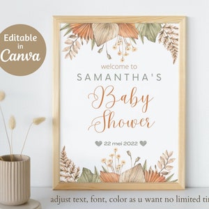 Letrero de bienvenida para baby shower boho editable, letrero de bienvenida para baby shower boho con flores de pampas, plantilla de letrero boho para bebé Canva