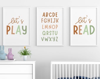 Conjunto de 3 póster ABC para decoración de salas de juegos, Alphabet Nursery Wall Art, Kids Room Classroom Decor Descarga instantánea