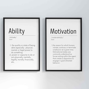 Könnte beinhalten: Zwei schwarze gerahmte Drucke mit weißem Hintergrund und schwarzem Text. Der linke Druck definiert "Fähigkeit" als die Qualität oder den Zustand, fähig zu sein. Der rechte Druck definiert "Motivation" als den Grund, warum Menschen ein Verhalten beginnen, fortsetzen oder beenden.