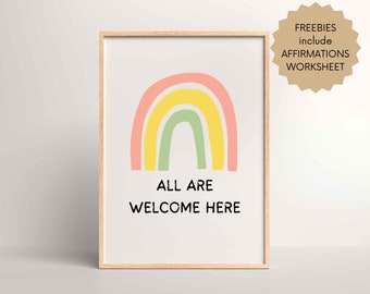 Boho Rainbow Classroom Decor, Diversity Poster, Inclusion School Art, Equality Poster, All Are Welcome Here Sign