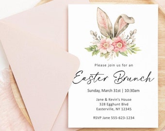 May include: A pink and white invitation card with a watercolor illustration of a bunny's ears and flowers. The text on the card reads "Please join us for an Easter Brunch, Sunday, March 31st | 10:30am, Jane & Kevin's House, 328 Egghunt Blvd, Easterville, NY 12345, RSVP Jane 555-623-1234".