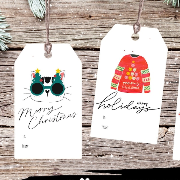 Printable Christmas Cat Gift Tags, Digital Christmas Gift Tags, Cat Lover Gift Tags, Kitty Gift Labels, Printable Holiday Tag, Tag Bundle