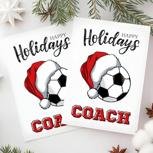 Cartão de Natal para treinador de futebol, cartão de agradecimento para o feriado, cartão dobrado para impressão de time de futebol para treinadores de jogadores, futebol de Natal