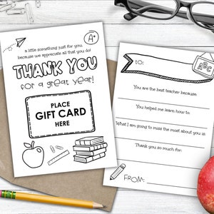 Carte de remerciement pour enseignant, cadeau de fin d'année, porte-carte cadeau de voeux pour remercier les enseignants, modèle imprimable à colorier et à remplir