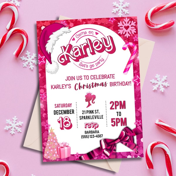 Pink Fashion Doll Christmas Birthday Party Invitation, Girl Invitation, Pink Sparkle Invite, Instant Digital Download, Editable Template