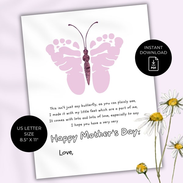 Mother's Day Butterfly Footprint Printable Craft, Gift for Mom from Child Baby Toddler, Footprint Art, Daycare Craft, Mother's Day Keepsake