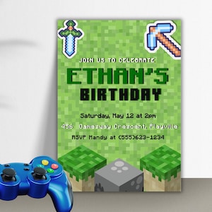 Mine Pixel Gamer Birthday Invitation: Editable Kids Party Invite (Digital DIY)