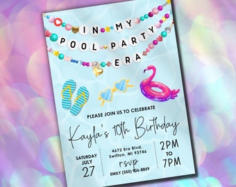May include: A blue and white pool party invitation with a flamingo float, sunglasses, and flip flops. The invitation says "Join my pool party era" and includes the text "Kayla's 10th Birthday", "Saturday, July 27", "2PM to 7PM", "4672 Era Blvd., Swifton, MI 93746", and "RSVP Emily (555) 926-8859".