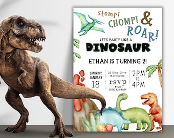 Stomp Chomp Roar Dinosaur Birthday Invitation, Dino BDay Invite for kids, Boy Birthday Invite, TRex Birthday, Dino Invite Editable Template