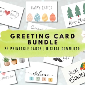 Lot de 25 cartes de voeux IMPRIMABLES, assortiment varié, Noël | Vacances | Anniversaire | Pâques | Saint-Valentin | Téléchargement instantané | Lot de cartes