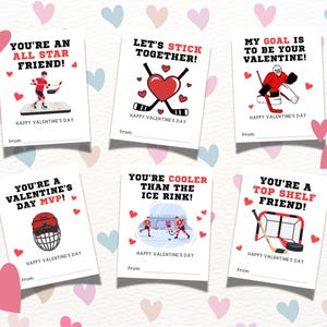 Tarjetas de San Valentín con temática de hockey para niños, etiquetas de regalo para el día de San Valentín con temática de hockey para hacer tú mismo para compañeros de clase, tarjetas de San Valentín imprimibles para el aula de niños y niñas