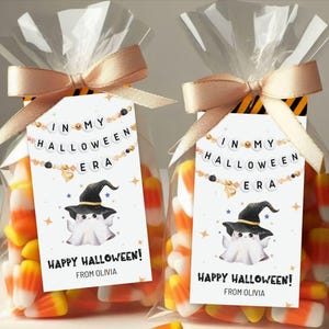 Bewerkbaar taslabel Halloween-traktatie, In My Halloween Era Favor-cadeaukaartjes, kinderkaart klaslokaal, Sweet Halloween-kaart klasgenoot, Trick or Treaters