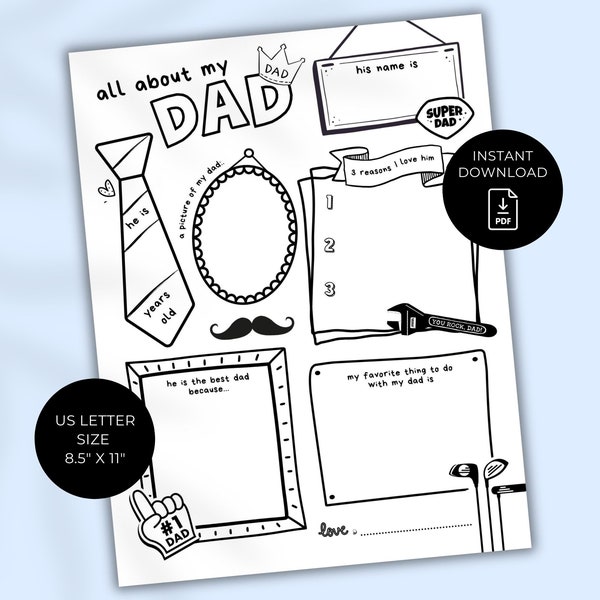 Father's Day All About Dad Fill In Blanks Printable Craft, Gift for Dad from Child, School or Daycare Craft, Keepsake Birthday Fathers Day